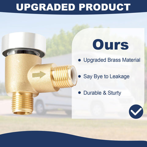 Brass RV Vacuum Breaker Check Valve for Gray Water Black Tank Flush System Replacement, shown with upgrade features.