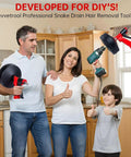 Flexible Drain Snake Hair Clog Remover Comes Decked Out With A Drill Adapter To Blast Nasty Sink Tub And Shower Blockages Dead Fast So Your Lines Glide Smooth Without Any Chemical Fuss, displayed by a family in a kitchen.