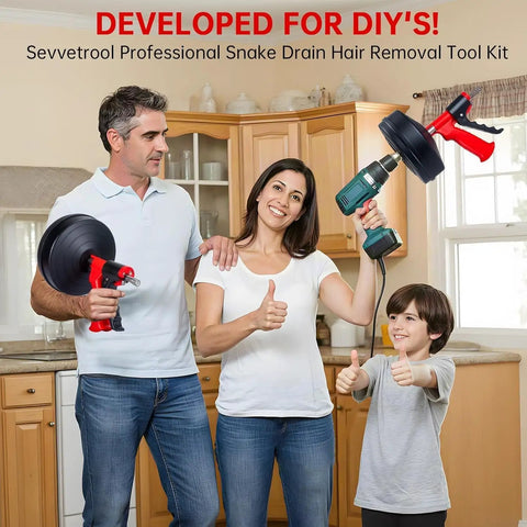Flexible Drain Snake Hair Clog Remover Comes Decked Out With A Drill Adapter To Blast Nasty Sink Tub And Shower Blockages Dead Fast So Your Lines Glide Smooth Without Any Chemical Fuss, displayed by a family in a kitchen.