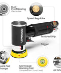Mini Orbital Air Sander Kit For Two Inch And Three Inch Sanding with labeled features and components