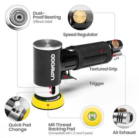 Mini Orbital Air Sander Kit For Two Inch And Three Inch Sanding with labeled features and components