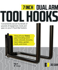 Heavy Duty E Track Tool Hanger Hooks 2 Pack 7.5 Inch Deep Universal Garage Organizer displayed on zigzag background.