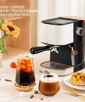 Quiet Compact Electric Coffee Machine Automatic Espresso Maker With Milk Frother on a countertop next to iced coffee drinks.