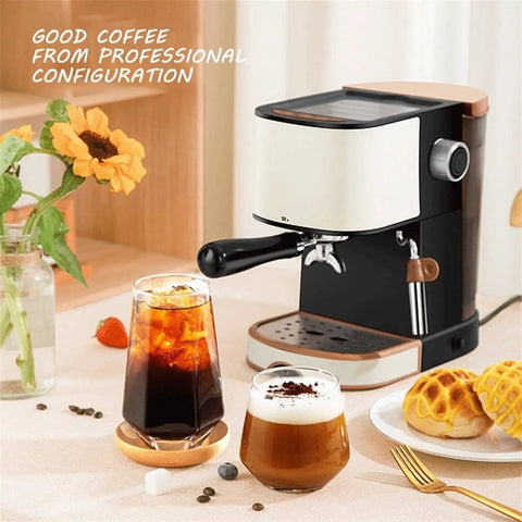 Quiet Compact Electric Coffee Machine Automatic Espresso Maker With Milk Frother on a countertop next to iced coffee drinks.