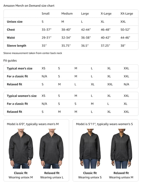 Amazon Merch on Demand size chart and fit guide for unisex hoodies, showing models in classic and relaxed fits.