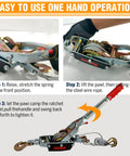 Side view of Come Along winch with steel cable, 5T capacity, dual gears, three hooks, automotive hoist puller