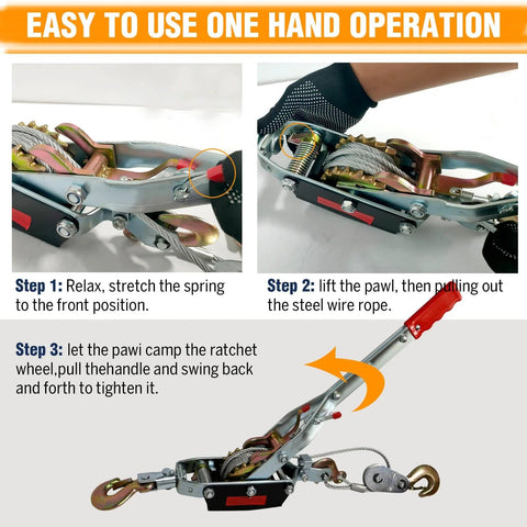 Side view of Come Along winch with steel cable, 5T capacity, dual gears, three hooks, automotive hoist puller
