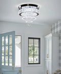 Dimmable Crystal LED Flush Mount Ceiling Light With Remote Control in a hallway, showcasing modern design and crystal details.