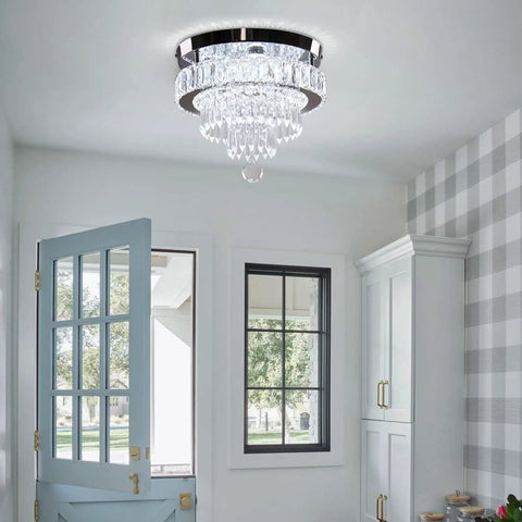 Dimmable Crystal LED Flush Mount Ceiling Light With Remote Control in a hallway, showcasing modern design and crystal details.