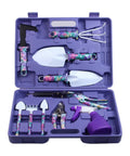 Open hard shell case showing Ten Piece All In One Garden Tool Kit With Floral Print And Ergonomic Handles Including Trowel Rake