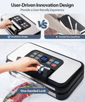 Person using 95Kpa Go-To Vacuum Sealer With Dual-Pump Power And Double Seal, Easy-Lock Handle, Built-In Cutter, Stainless Steel design