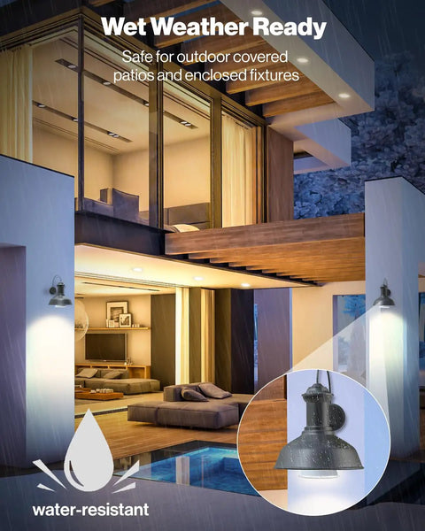 Outdoor patio with wet weather lighting using 10 Pack PAR30 Long Neck LED Bulbs For Indoor Outdoor Flood Lighting Dope Bright LEDs.