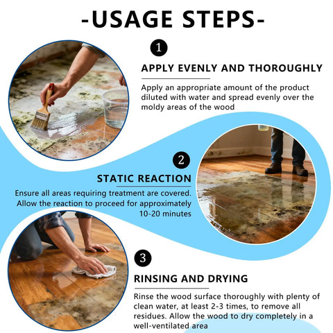 Top Shelf Oxalic Acid Wood Bleach One Pound Powder Formula usage steps, applying product on moldy wood, rinsing and drying process.