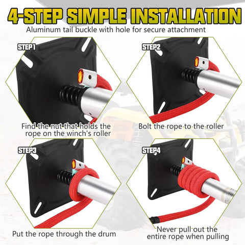Half Inch By 100 Foot Synthetic Winch Rope Kit installation guide with aluminum buckle and red rope detail.