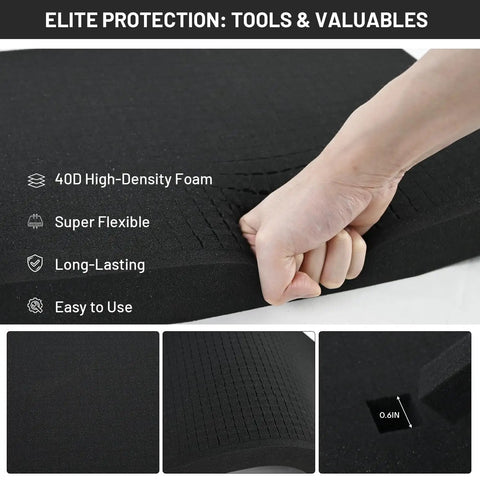 Close-up of hand testing flexibility on Dual Thickness Foam Insert Kit For Tool Drawers And Game Cases And Collectible Displays, 4 Piece Set.