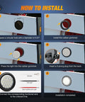 Installation guide for Badass 4 Inch Round LED Trailer Tail Lights Set of 4 showing step-by-step process with grommet and wiring details.