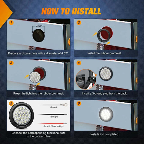 Installation guide for Badass 4 Inch Round LED Trailer Tail Lights Set of 4 showing step-by-step process with grommet and wiring details.