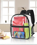 Clear Stadium Bag 12 By 12 By 6 Inches With Reinforced Wider Shoulder Straps, loaded with items, on white table