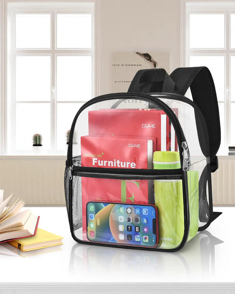 Clear Stadium Bag 12 By 12 By 6 Inches With Reinforced Wider Shoulder Straps, loaded with items, on white table
