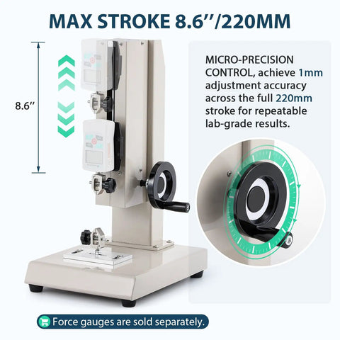 Manual Force Gauge Stand With Hand Wheel Control Eight Point Six Inch Stroke Beefy One Thousand Newtons Load Capacity Includes Two Testing Clamps Compression And Tension Testing For ZMF And EF Force Gauges, steel stand, 220mm stroke