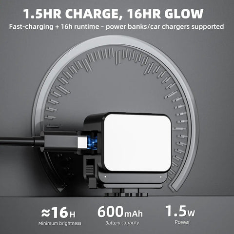 Lil Portable Mini LED Video Light For Action Cameras With Cold Shoe And Quick Release Mounts showing battery capacity and glow time.
