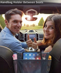 Car Net Pocket Organizer Between Seats For Handbags And Purses Grab And Go Back Seat Storage Barrier shown with items in car