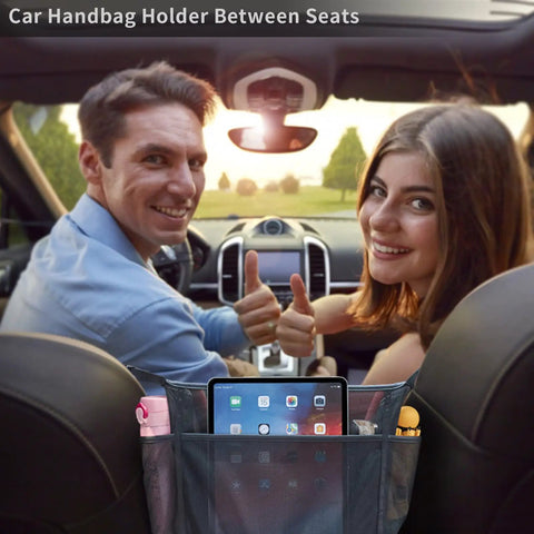 Car Net Pocket Organizer Between Seats For Handbags And Purses Grab And Go Back Seat Storage Barrier shown with items in car