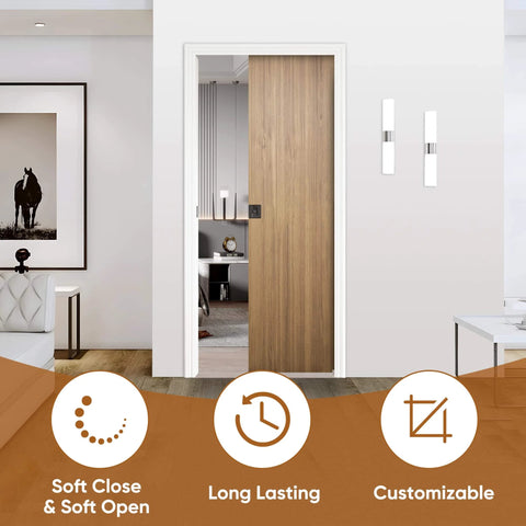 Image of a No-Fuss Pocket Door Frame Kit For 2x4 Walls, 36 By 96 Inches, featuring a soft-close wooden door in a living room setting.