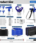 Pro Grade 3600 Psi Airless Paint Spray Gun Kit with 25 Foot High Pressure Hose and accessories layout image.