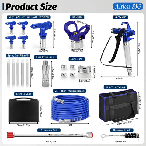 Pro Grade 3600 Psi Airless Paint Spray Gun Kit with 25 Foot High Pressure Hose and accessories layout image.
