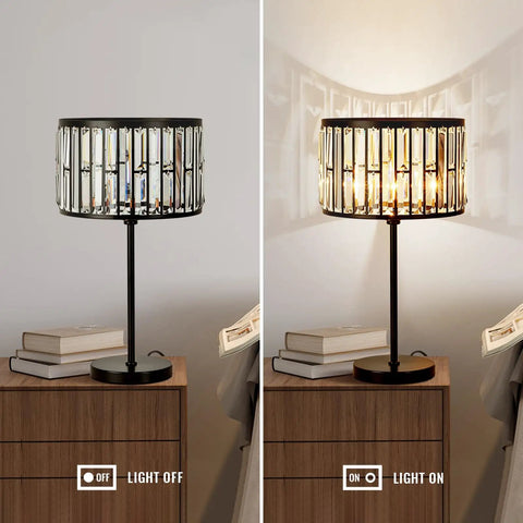 Sleek 21.6 Inch Black Industrial Bedside Lamp With Crystal K9 Shade, 3 color modes, on and off view, nightstand setting