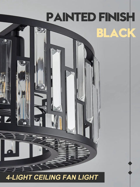 Detail of black painted caged ceiling fan light with crystal accents, 4-light fixture.
