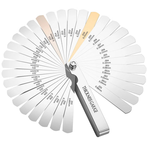 Front view of stainless steel 32‑blade feeler gauge set with dual metric/imperial markings, 0.04–0.88 mm range