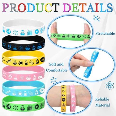 Bulk 48 Piece Science Silicone Wristbands Set for Classroom Rewards and Teacher Gifts in six colors, showing stretch and fit.