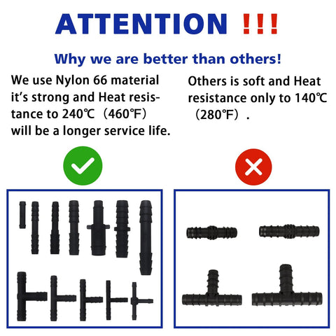 Vacuum connector assortment kit, 113 pcs, black nylon, heat resistant to 240°C; shows various barb and tee fittings (front view).