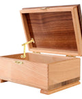 Pack Of Two Heavy Duty Brass Lift Hinges With Smooth Swing Lid Supports For Cabinet Wardrobe And Jewelry Box Features A Sweet Gold Tone Finish Easy Peasy Install Top Notch Woodworking Hardware For Left Or Right Doors on a wooden jewelry box.