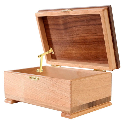 Pack Of Two Heavy Duty Brass Lift Hinges With Smooth Swing Lid Supports For Cabinet Wardrobe And Jewelry Box Features A Sweet Gold Tone Finish Easy Peasy Install Top Notch Woodworking Hardware For Left Or Right Doors on a wooden jewelry box.