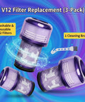 3 Pack Replacement V12 Filters SV30 SV46 For V12 Detect Slim And V12 Detect Slim Absolute Cordless Stick Vacuum SV20 SV26 SV34 SV35 Includes One Cleaning Brush Not For Other Models showing three washable filters and one brush against a colorful background.
