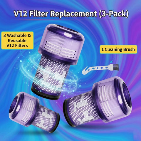 3 Pack Replacement V12 Filters SV30 SV46 For V12 Detect Slim And V12 Detect Slim Absolute Cordless Stick Vacuum SV20 SV26 SV34 SV35 Includes One Cleaning Brush Not For Other Models showing three washable filters and one brush against a colorful background.