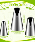 Three Piece V Shaped Piping Tips Set Pro Grade Stainless Steel Cake Decorating Tips in multiple sizes with measurements
