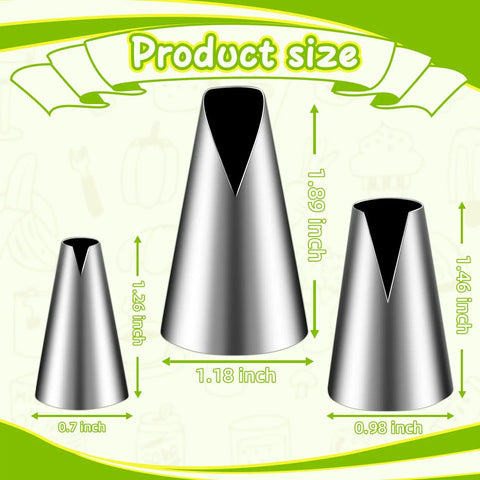 Three Piece V Shaped Piping Tips Set Pro Grade Stainless Steel Cake Decorating Tips in multiple sizes with measurements