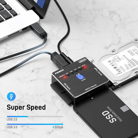 SATA IDE to USB 3.0 External Drive Adapter for 2.5 and 3.5 Inch HDD SSD and 5.25 Inch Optical Drives, Quick Plug and Play USB 3.0 Converter with Offline Clone for Easy Data Transfer: black adapter with HDD and laptop connected