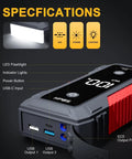 5000A Peak Jump Starter For Cars With 12V Battery Pack, side view showing ports, USB output, LCD display, and power button