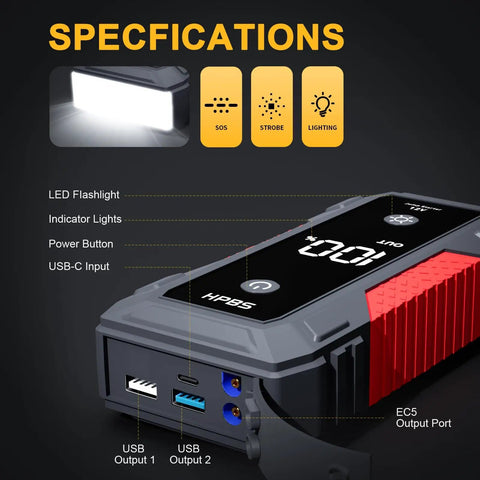 5000A Peak Jump Starter For Cars With 12V Battery Pack, side view showing ports, USB output, LCD display, and power button