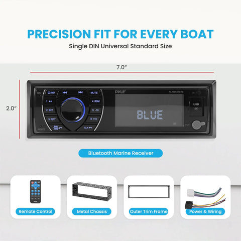 Front view of 12V Marine Bluetooth Receiver Stereo for Boats Single DIN In Dash Radio With Digital LCD USB SD MP3 RCA AM FM Remote and Wiring Harness 300 Watt Power Black, showing dimensions and components.