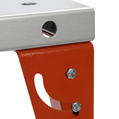 Close-up of Heavy Duty Welding Table With 1000 Pound Load Rating Fold Flat Steel Workbench showing steel top and sturdy leg attachment.