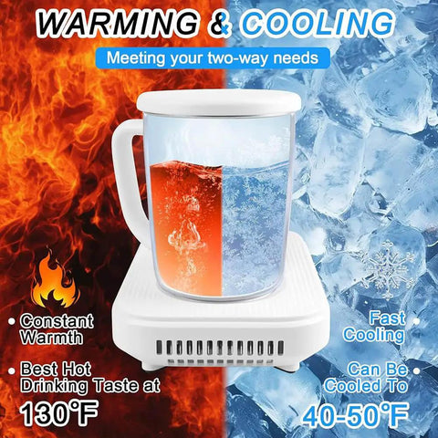 Dual Purpose Desktop Coffee Mug Warmer And Colder With 15W Fast Wireless Charging Pad For Travel Cups and smooth daily grind beverage station with hot and cold drink sections.