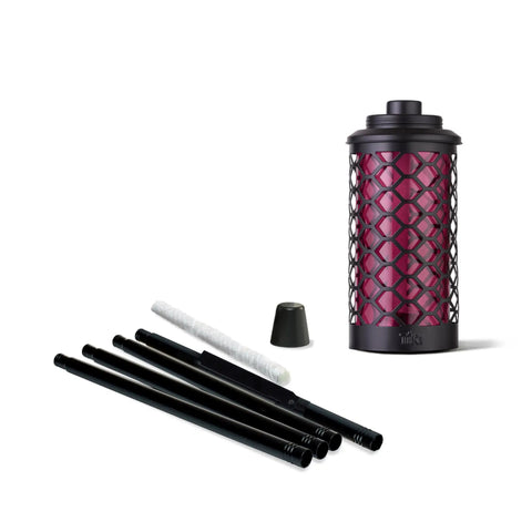 65 Inch Glass Honeycomb Burgundy Outdoor Torch For Patio And Backyard Decor Convertible Lamp With Weather Resistant Design Long Lasting Wick Snuffer And Pole Kit Included showing parts laid out