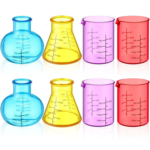 Eight Piece Science Measuring Flask Set For Kids Including Colorful 30ml Graduated Cylinders And Plastic Beakers for DIY Lab Experiments
