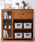 Ten Pack Gray White Plastic Storage Bins With Reinforced Handles For Home Organization And Closet Pantry Use Stackable Small Containers on wooden shelf.